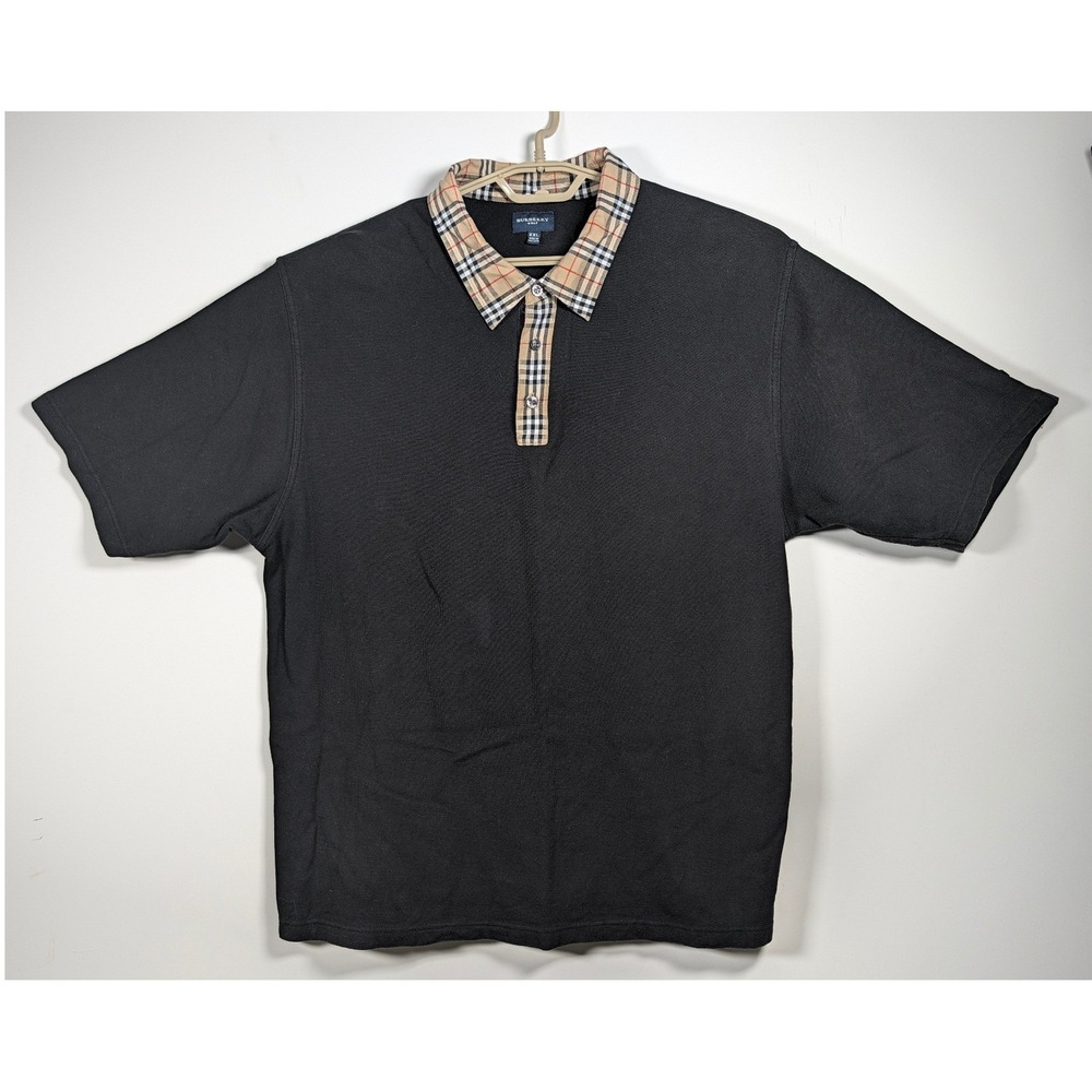 Burberry Vintage Mens Polo Shirt Nova Check Collar Cotton Pique Black XXL
